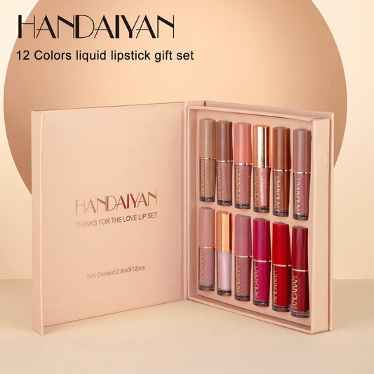 12-Shade Lipstick Set - Handaiyan Smudge Proof Velvet Matte Liquid Lipstick - Waterproof, Long-lasting, non-sticky formula