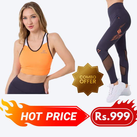 Combo 1 (Neon Orange Printed Back Slim Fit Bra & Anthracite High Waist Slim Fit Leggings)