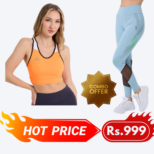 Combo 3 (Neon Orange Printed Back Slim Fit Bra & Light Blue High Waist Slim Fit Leggings)
