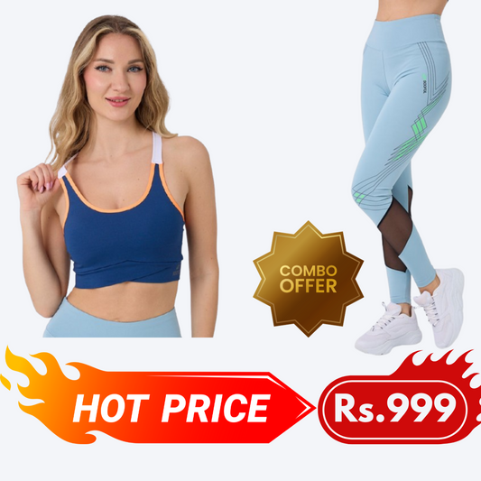 Combo 4 (Navy Blue Printed Back Slim Fit Bra & Light Blue High Waist Slim Fit Leggings)