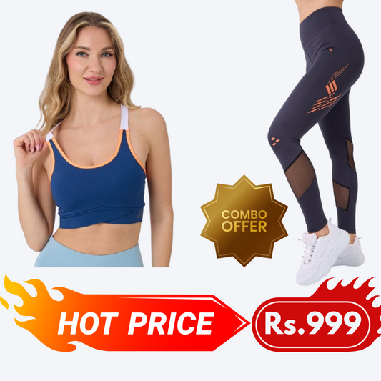 Combo 2 (Navy Blue Printed Back Slim Fit Bra & Dark Grey High Waist Slim Fit Leggings)
